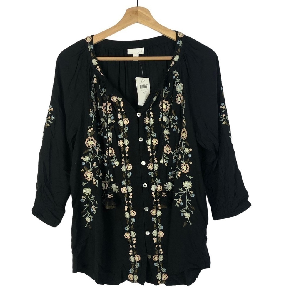 J. Jill Black Floral Embroidered Long Sleeve Button Down S